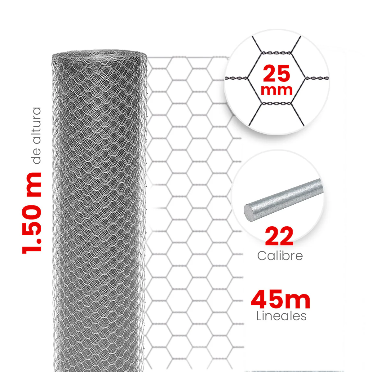 Malla Hexagonal Reforzada Akron 60-06R | Alto 1.50m | Largo 45m | Abertura 25mm | Calibre 22